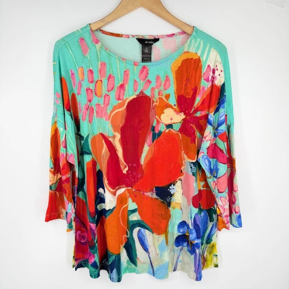 Ali Miles Floral Tunic Top Women Plus 1X Teal Floral 3/4 Sleeve Art To Wear Boho